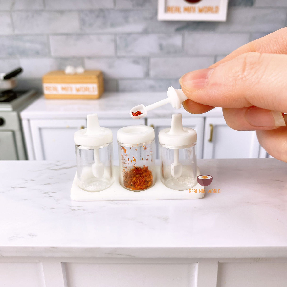 Miniature White Seasoning Jar Spoon Set Tiny Cooking Shop