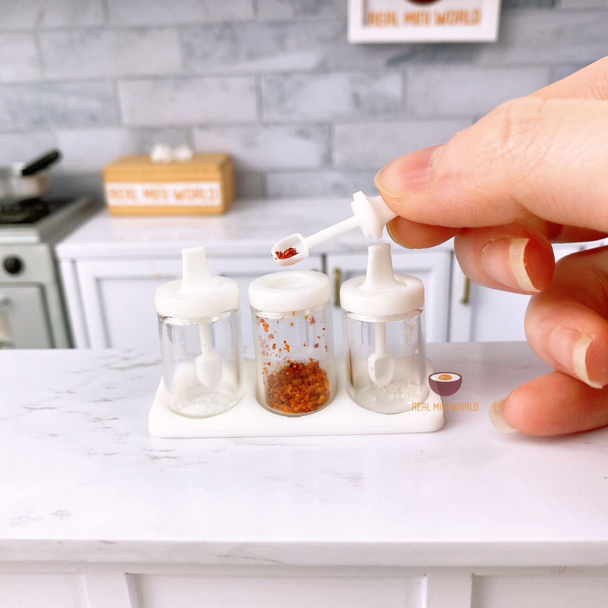 Miniature White Seasoning Jar Spoon Set Tiny Cooking Shop