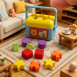 Miniature working shape sorter with yellow lid and blue body resting on an open palm, with 10 tiny colorful shape pieces — stars, cubes, cylinders, triangles — scattered in the hand below it