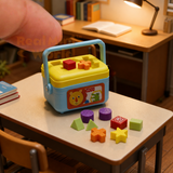Miniature working shape sorter with yellow lid and blue body resting on an open palm, with 10 tiny colorful shape pieces — stars, cubes, cylinders, triangles — scattered in the hand below it