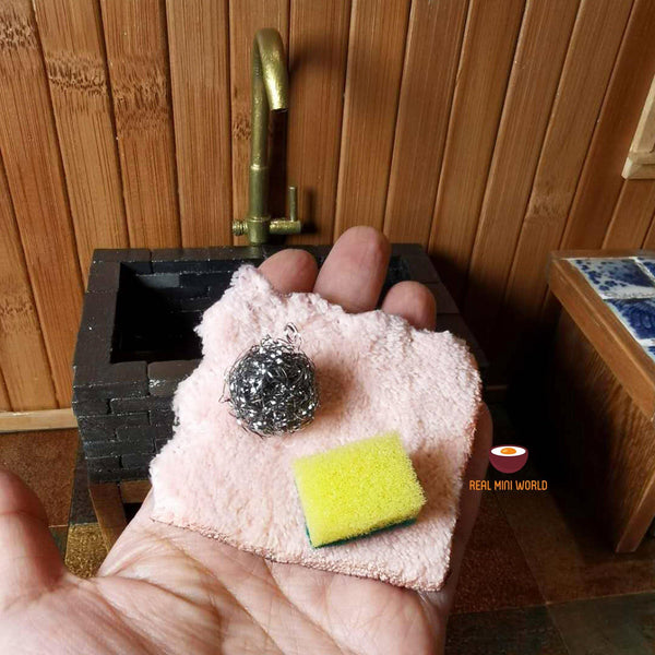 REAL working miniature Dish Washing Sponge Scrub Steel wools towel Set - Real Mini World