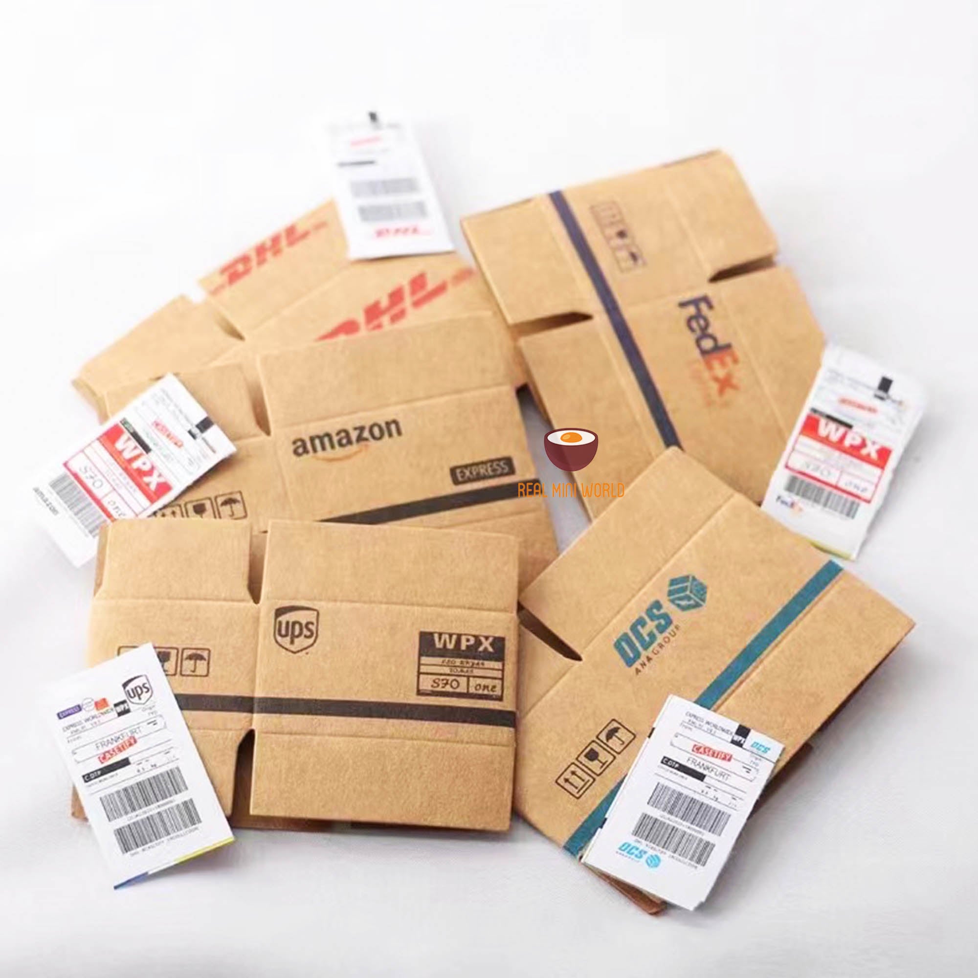 Mini Shipping Labsels Miniature Packaging Box and Shipping Label Set Amazon Fedex UPS DHL ...