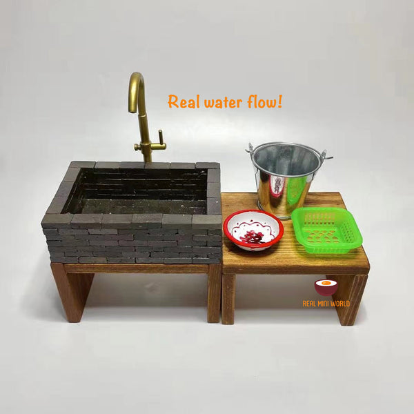 REAL working miniature faucet kitchen sink brick style : real water flow for mini food cooking