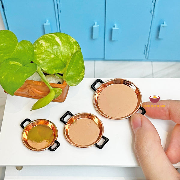 1:12 Miniature real cooking two ear pan set copper color : cook real mini food | mini cooking shop